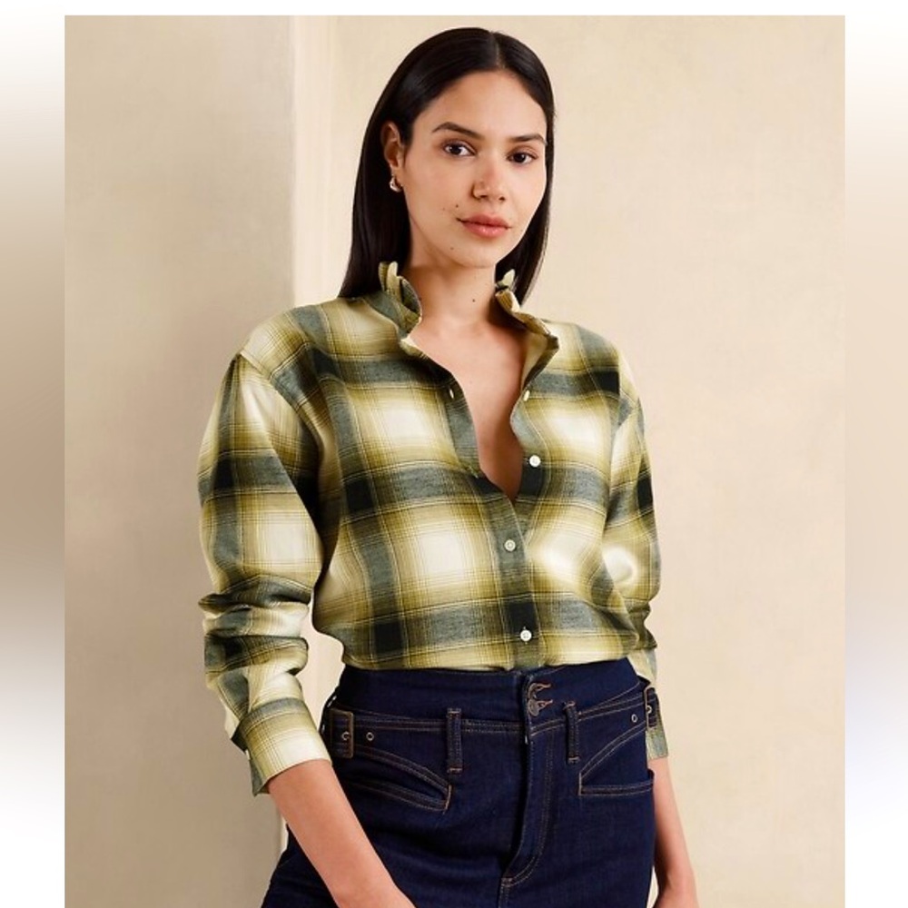 New Banana Republic Women's Ruffle Neck Collar Plaid Wool Flannel Button Down